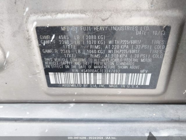 Photo 8 VIN: 4S4BRBAC7E3247892 - SUBARU OUTBACK 