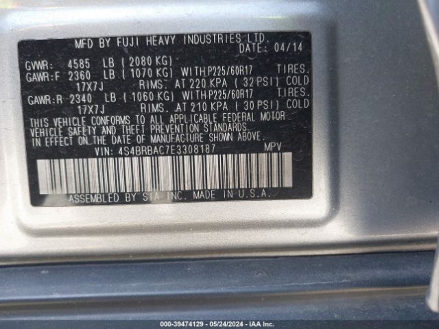 Photo 8 VIN: 4S4BRBAC7E3308187 - SUBARU OUTBACK 