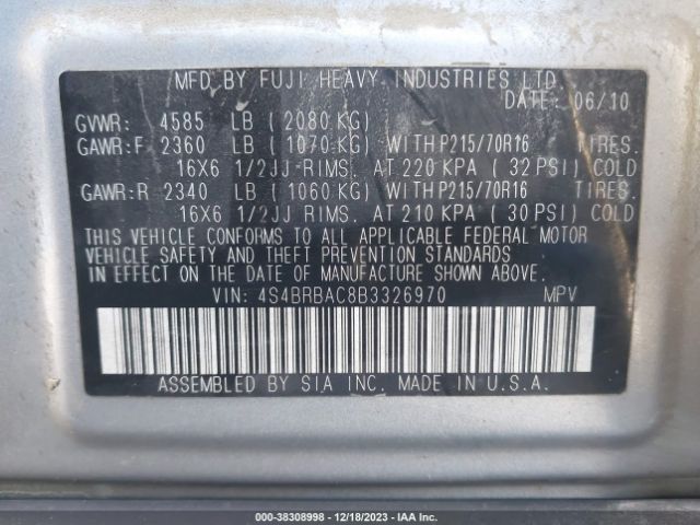 Photo 8 VIN: 4S4BRBAC8B3326970 - SUBARU OUTBACK 