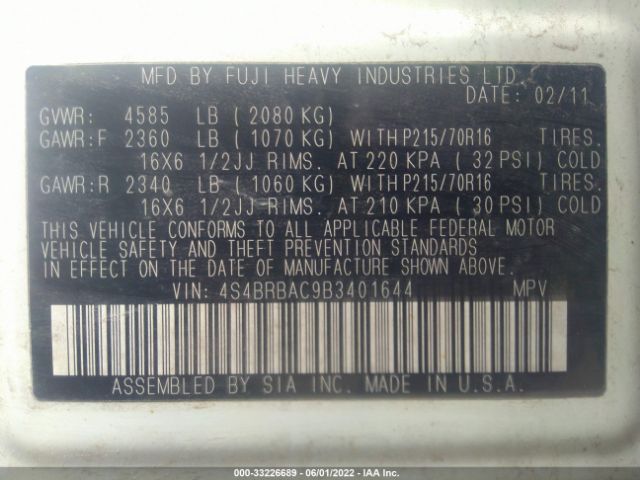 Photo 8 VIN: 4S4BRBAC9B3401644 - SUBARU OUTBACK 