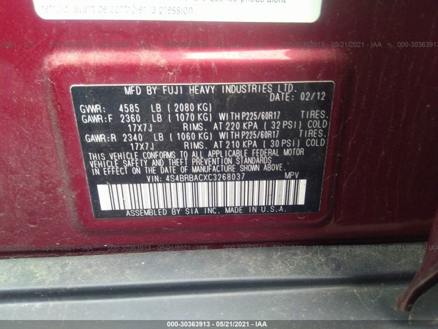 Photo 8 VIN: 4S4BRBACXC3268037 - SUBARU OUTBACK 