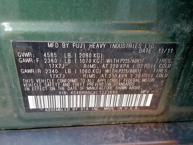 Photo 9 VIN: 4S4BRBBCXC3223680 - SUBARU OUTBACK 2. 