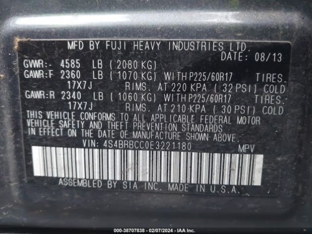 Photo 8 VIN: 4S4BRBCC0E3221180 - SUBARU OUTBACK 