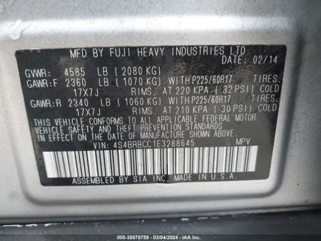 Photo 8 VIN: 4S4BRBCC1E3288645 - SUBARU OUTBACK 