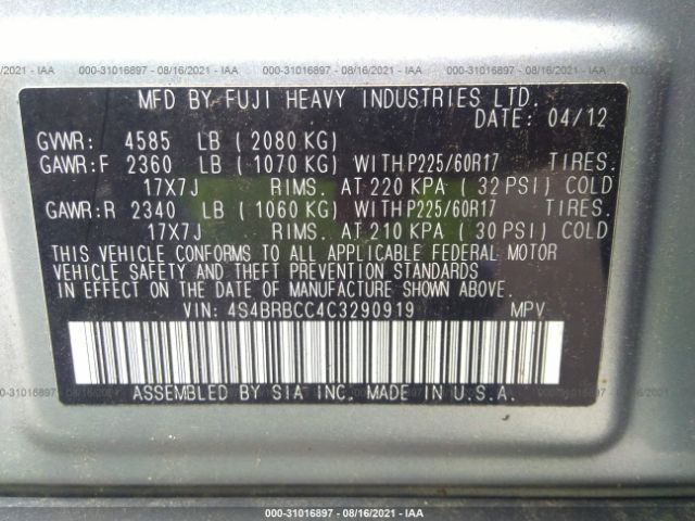 Photo 8 VIN: 4S4BRBCC4C3290919 - SUBARU OUTBACK 