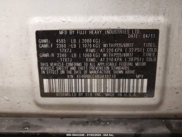 Photo 8 VIN: 4S4BRBCCXB3418210 - SUBARU OUTBACK 