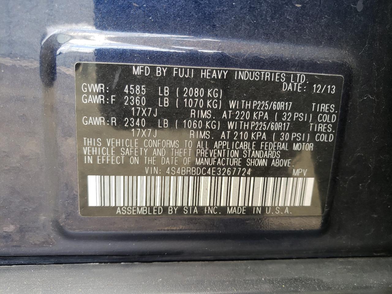 Photo 12 VIN: 4S4BRBDC4E3267724 - SUBARU OUTBACK 