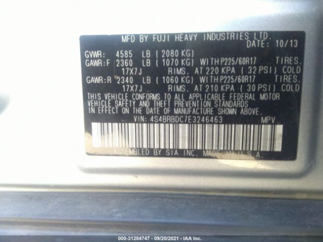 Photo 8 VIN: 4S4BRBDC7E3246463 - SUBARU OUTBACK 