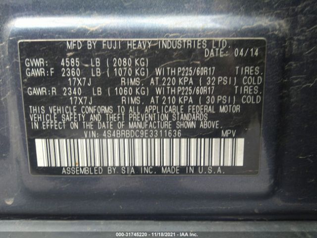 Photo 8 VIN: 4S4BRBDC9E3311636 - SUBARU OUTBACK 