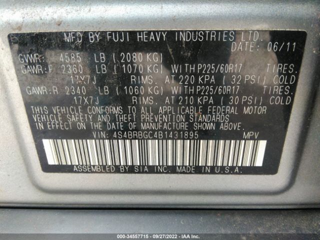 Photo 8 VIN: 4S4BRBGC4B1431895 - SUBARU OUTBACK 