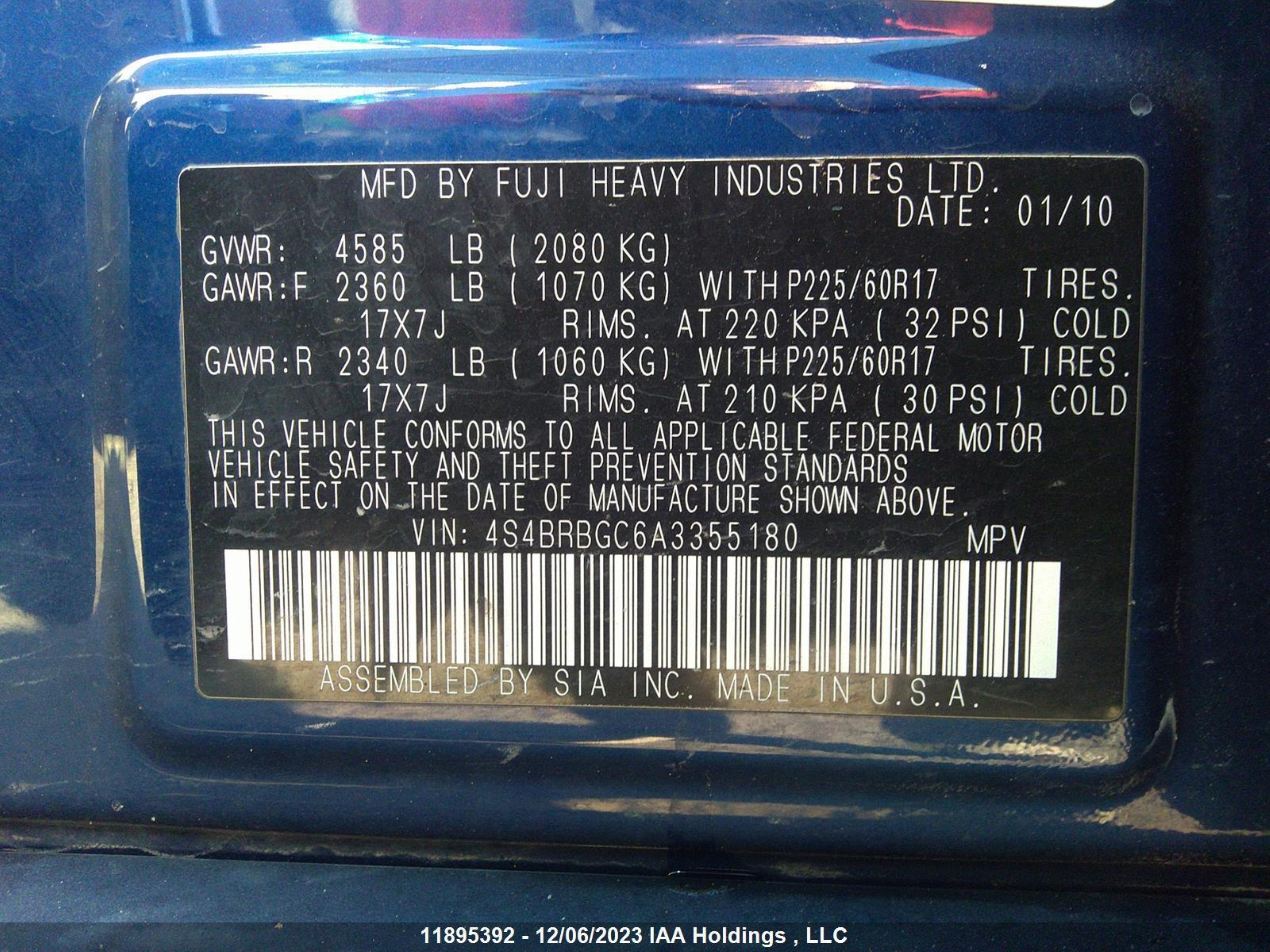 Photo 8 VIN: 4S4BRBGC6A3355180 - SUBARU OUTBACK 