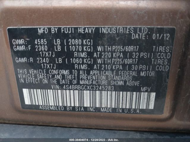 Photo 8 VIN: 4S4BRBGCXC3245283 - SUBARU OUTBACK 