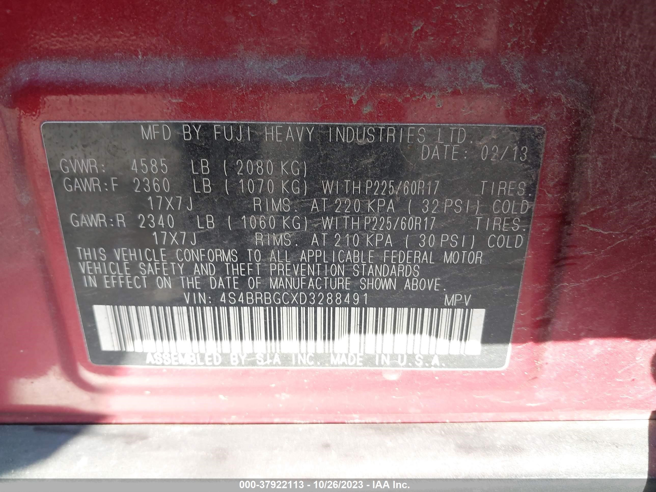 Photo 8 VIN: 4S4BRBGCXD3288491 - SUBARU OUTBACK 