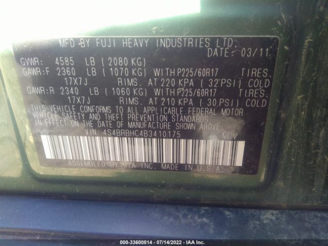 Photo 8 VIN: 4S4BRBHC4B3410175 - SUBARU OUTBACK 