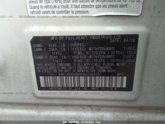 Photo 8 VIN: 4S4BRBHCXA3380033 - SUBARU OUTBACK 