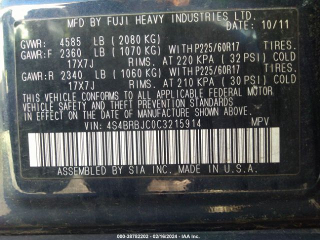 Photo 8 VIN: 4S4BRBJC0C3215914 - SUBARU OUTBACK 