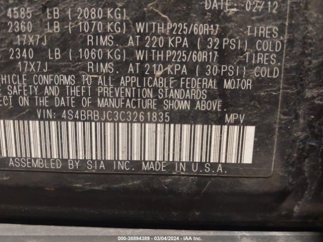 Photo 8 VIN: 4S4BRBJC3C3261835 - SUBARU OUTBACK 