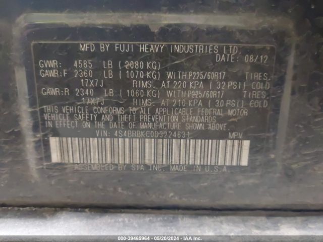 Photo 8 VIN: 4S4BRBKC0D3224631 - SUBARU OUTBACK 