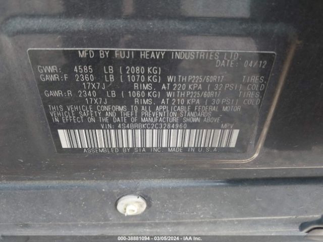 Photo 8 VIN: 4S4BRBKC2C3284960 - SUBARU OUTBACK 