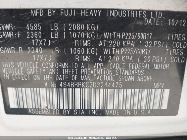 Photo 8 VIN: 4S4BRBKC2D3244475 - SUBARU OUTBACK 