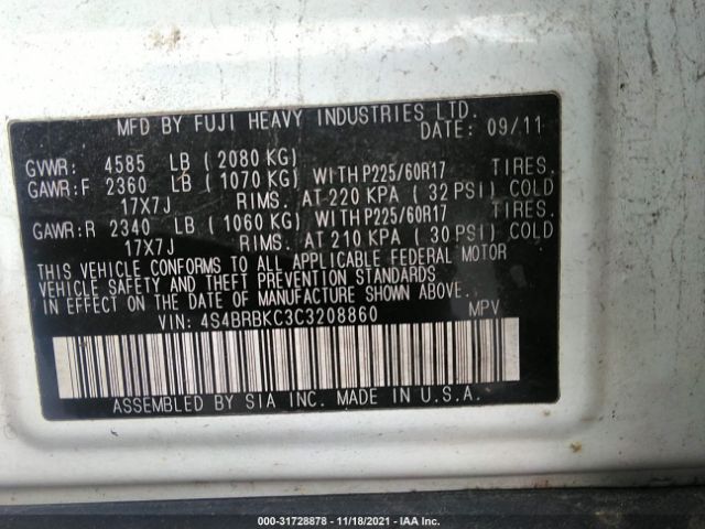 Photo 8 VIN: 4S4BRBKC3C3208860 - SUBARU OUTBACK 