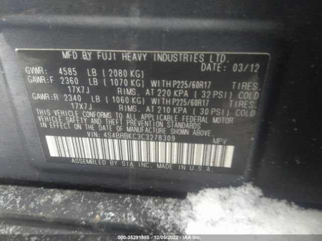 Photo 8 VIN: 4S4BRBKC3C3278309 - SUBARU OUTBACK 