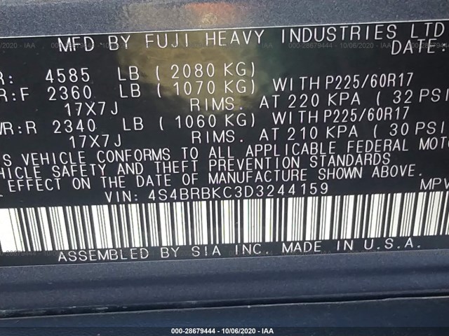 Photo 8 VIN: 4S4BRBKC3D3244159 - SUBARU OUTBACK 