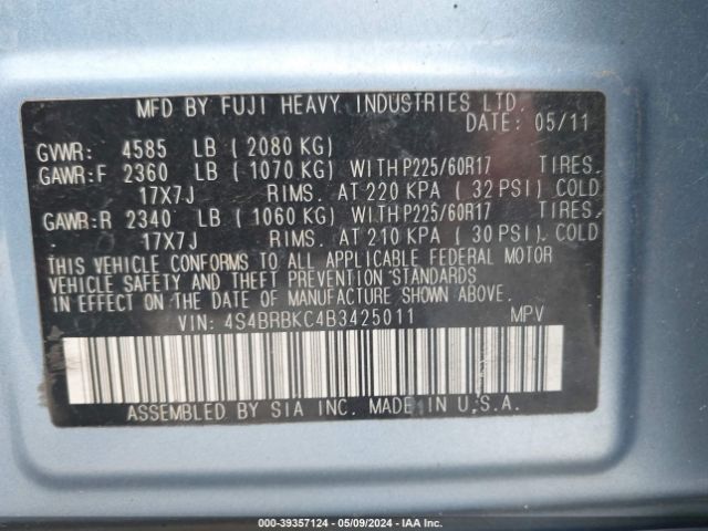 Photo 8 VIN: 4S4BRBKC4B3425011 - SUBARU OUTBACK 