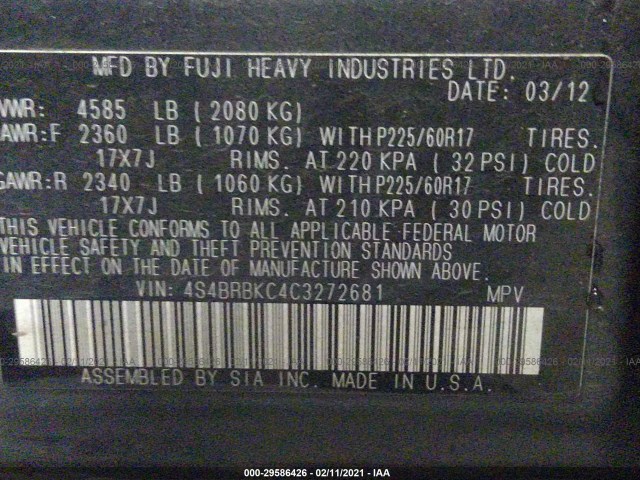 Photo 8 VIN: 4S4BRBKC4C3272681 - SUBARU OUTBACK 