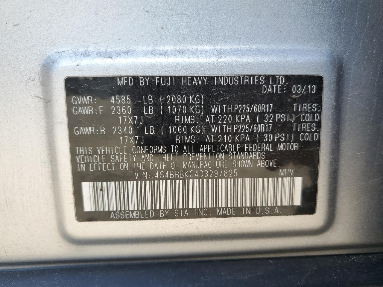 Photo 11 VIN: 4S4BRBKC4D3297825 - SUBARU OUTBACK 