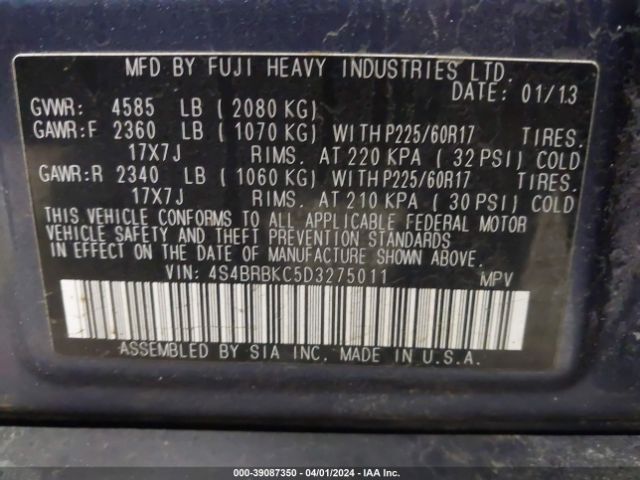 Photo 8 VIN: 4S4BRBKC5D3275011 - SUBARU OUTBACK 