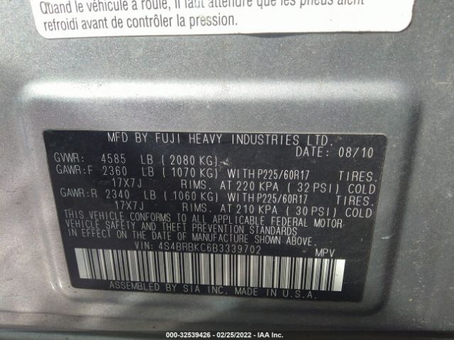 Photo 8 VIN: 4S4BRBKC6B3339702 - SUBARU OUTBACK 