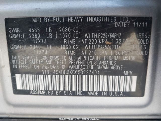 Photo 8 VIN: 4S4BRBKC6C3227404 - SUBARU OUTBACK 