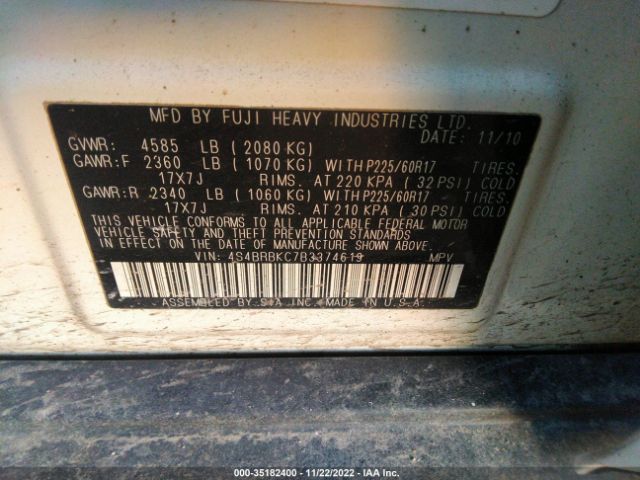 Photo 8 VIN: 4S4BRBKC7B3374619 - SUBARU OUTBACK 