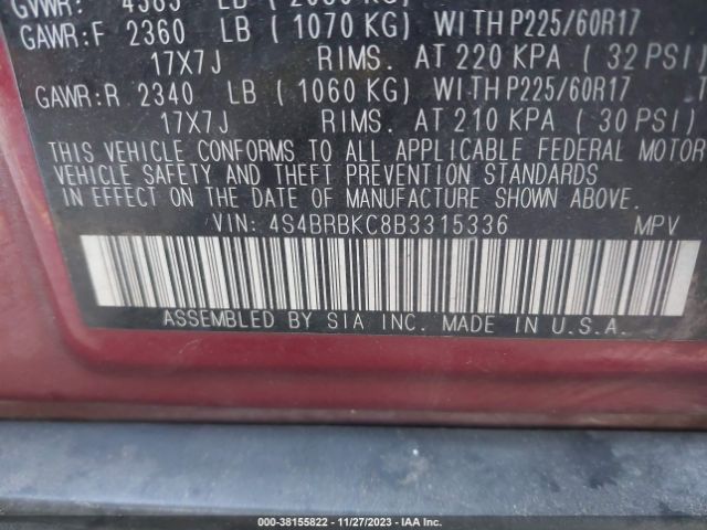 Photo 8 VIN: 4S4BRBKC8B3315336 - SUBARU OUTBACK 