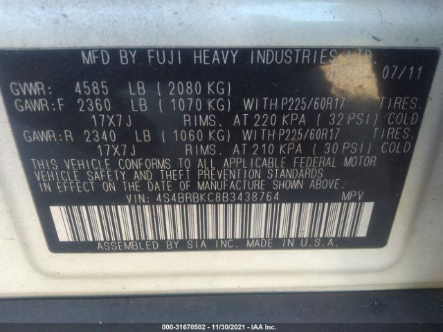 Photo 8 VIN: 4S4BRBKC8B3438764 - SUBARU OUTBACK 