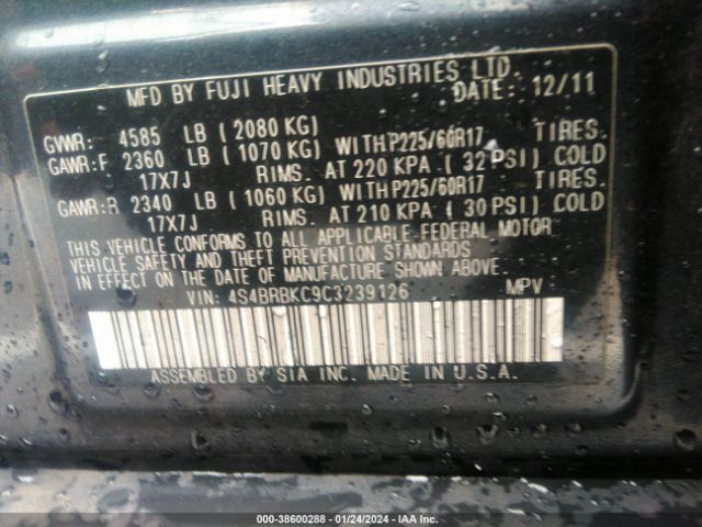 Photo 8 VIN: 4S4BRBKC9C3239126 - SUBARU OUTBACK 