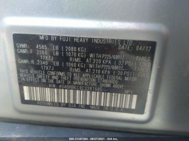 Photo 8 VIN: 4S4BRBKC9C3281585 - SUBARU OUTBACK 