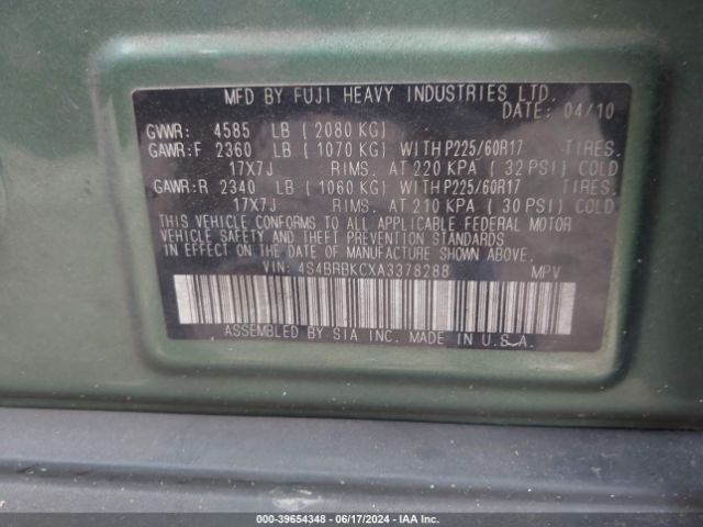 Photo 8 VIN: 4S4BRBKCXA3378288 - SUBARU OUTBACK 