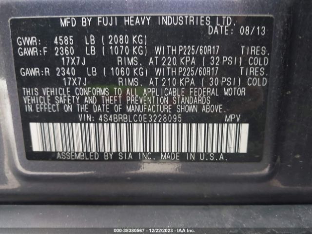 Photo 8 VIN: 4S4BRBLC0E3228095 - SUBARU OUTBACK 