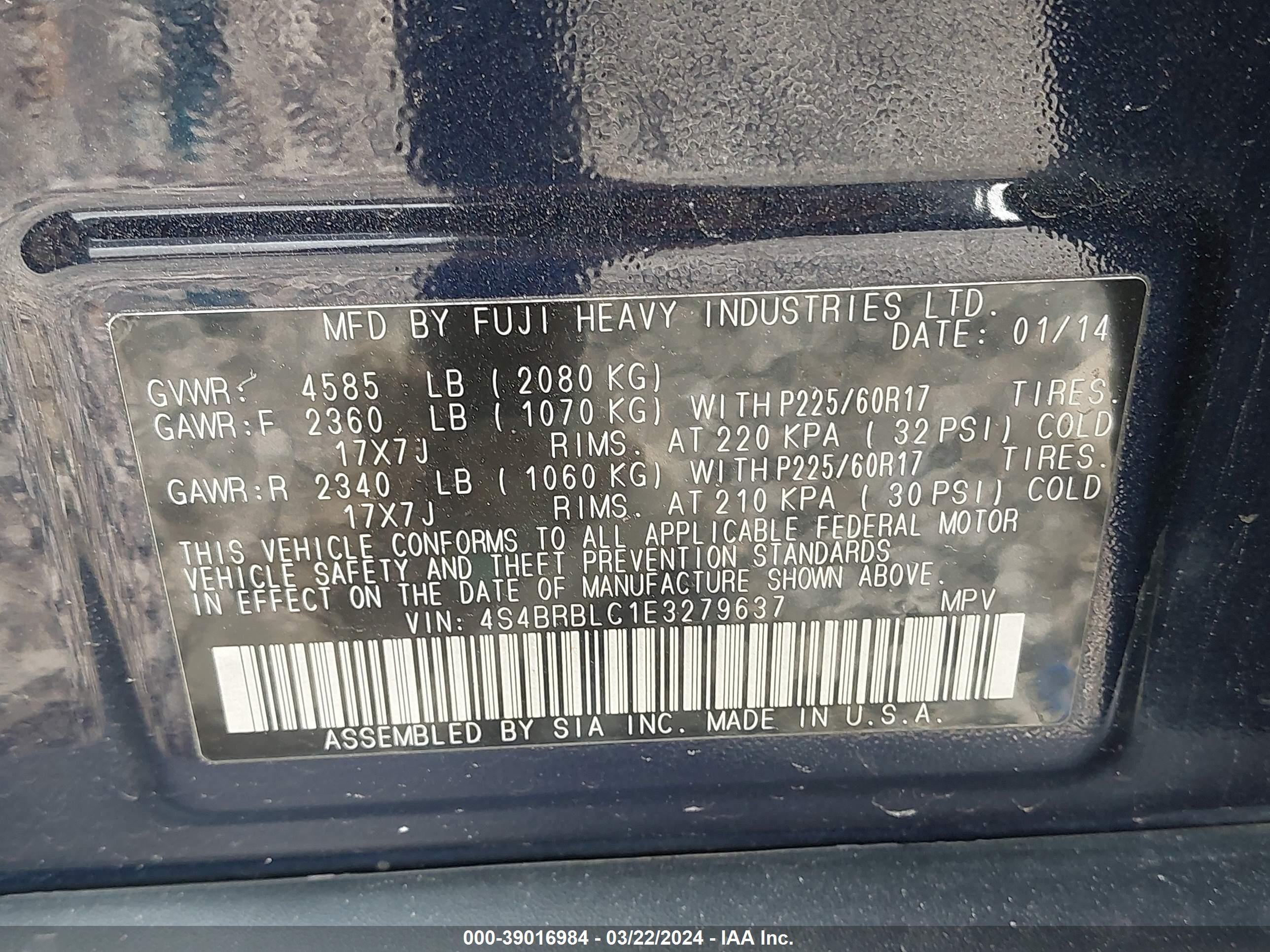 Photo 8 VIN: 4S4BRBLC1E3279637 - SUBARU OUTBACK 