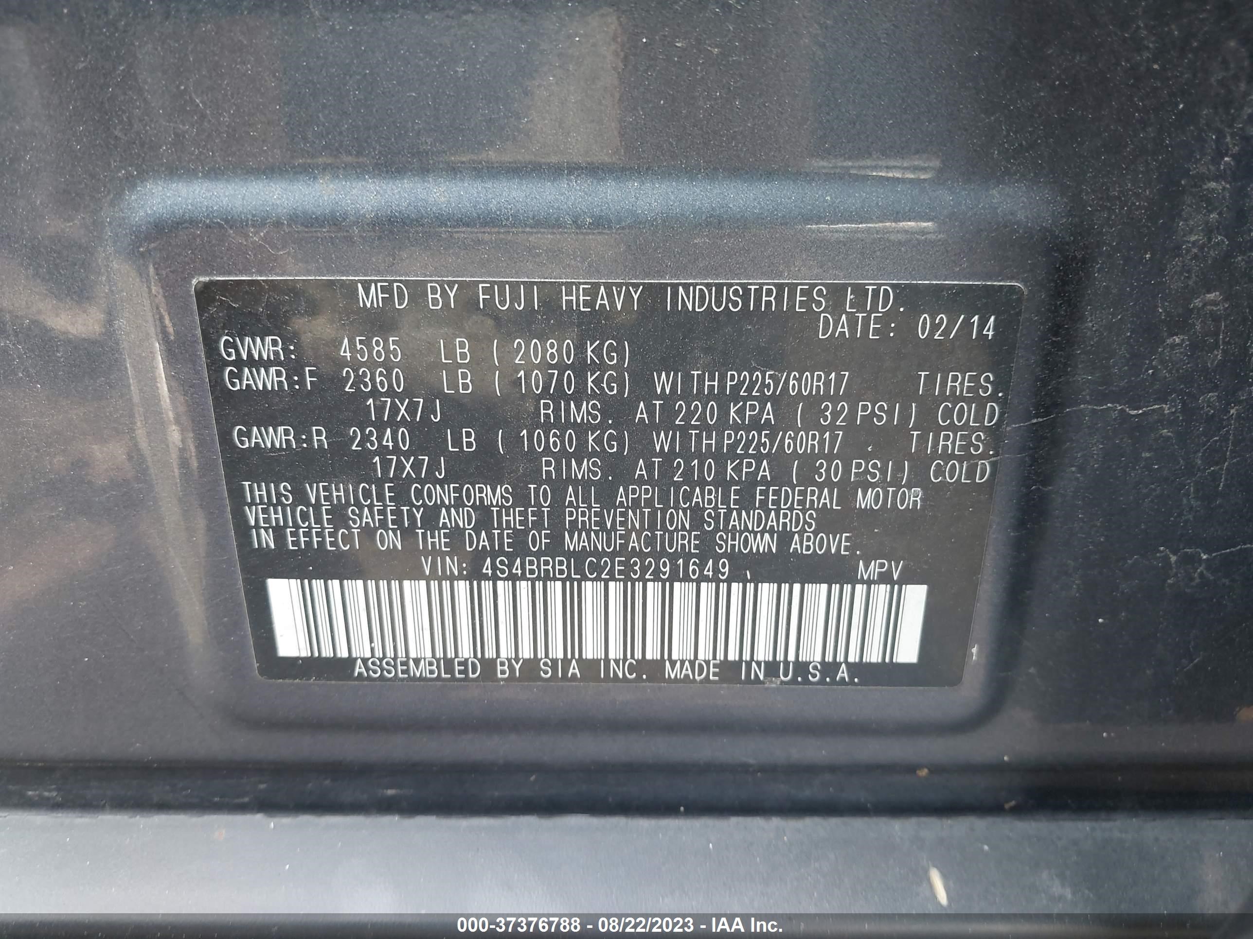 Photo 8 VIN: 4S4BRBLC2E3291649 - SUBARU OUTBACK 