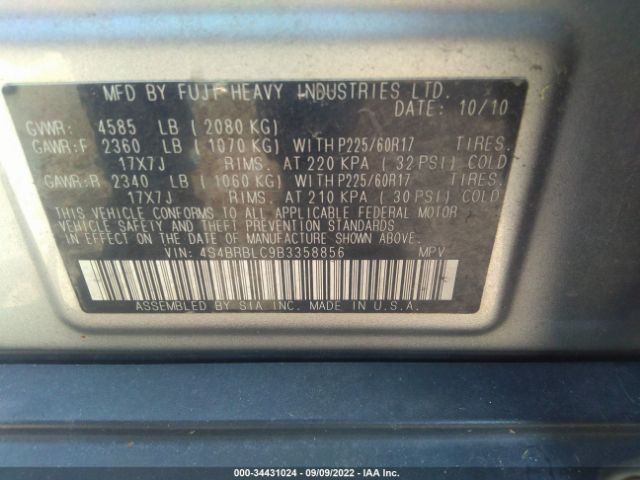 Photo 8 VIN: 4S4BRBLC9B3358856 - SUBARU OUTBACK 