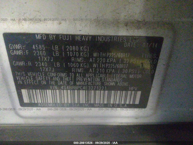 Photo 8 VIN: 4S4BRBPC4E3271221 - SUBARU OUTBACK 