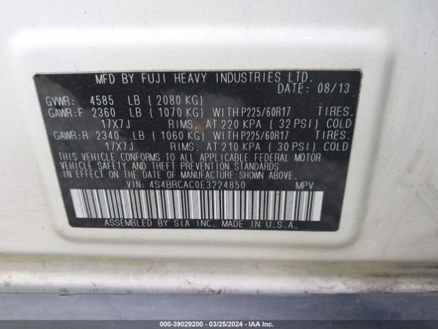 Photo 8 VIN: 4S4BRCAC0E3224850 - SUBARU OUTBACK 