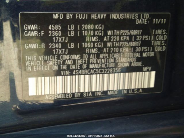 Photo 8 VIN: 4S4BRCAC5C3228356 - SUBARU OUTBACK 