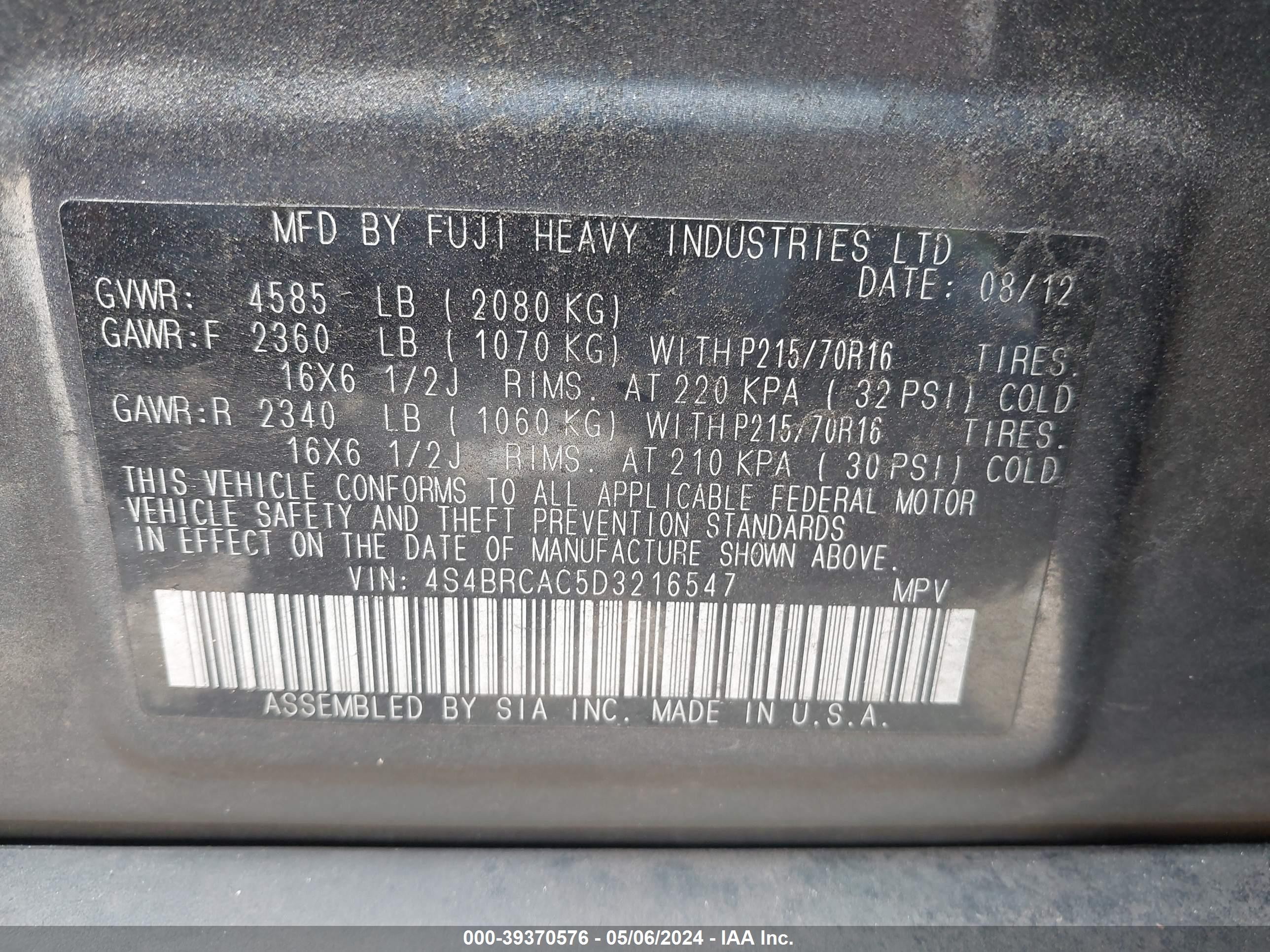 Photo 8 VIN: 4S4BRCAC5D3216547 - SUBARU OUTBACK 