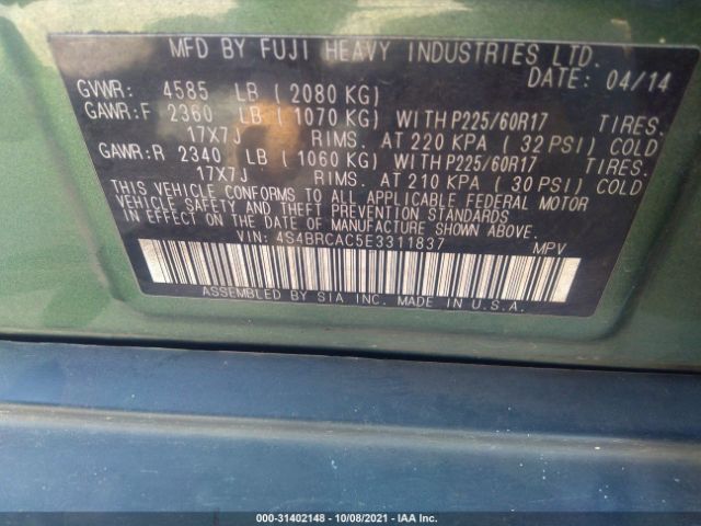 Photo 8 VIN: 4S4BRCAC5E3311837 - SUBARU OUTBACK 