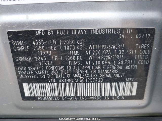 Photo 8 VIN: 4S4BRCAC6C1257733 - SUBARU OUTBACK 