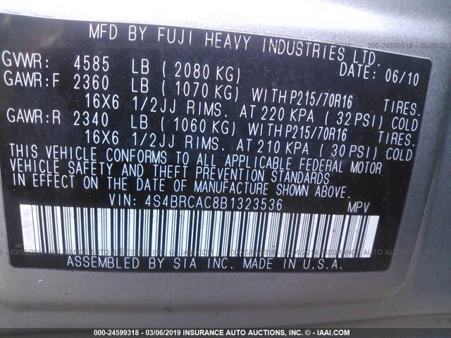 Photo 8 VIN: 4S4BRCAC8B1323536 - SUBARU OUTBACK 